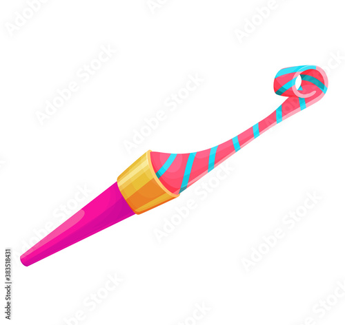 Birthday party whistle accessory. Isolated clown blower. 3d blowout isolated vector illustration. Carnival popper object. Plastic roll buzzer.