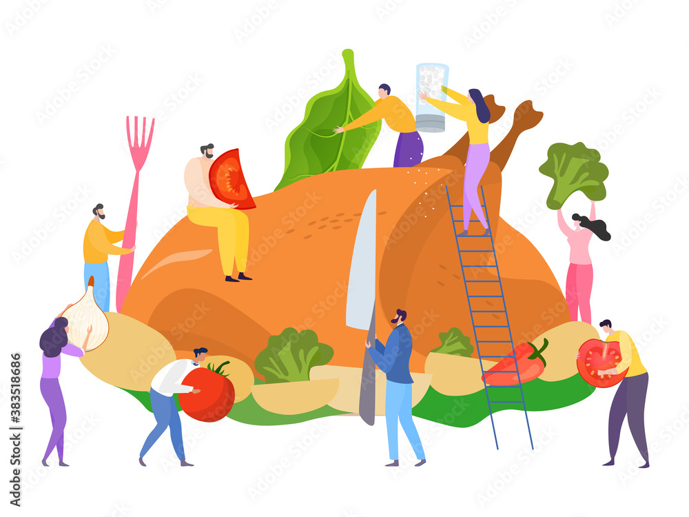 Thanksgiving food, charcater cooking dinner concept, vector illustration. Flat holiday turkey, people design cartoon dish. Autumn celebration meal, huge decorative season composition.