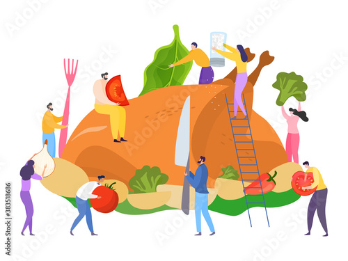Thanksgiving food, charcater cooking dinner concept, vector illustration. Flat holiday turkey, people design cartoon dish. Autumn celebration meal, huge decorative season composition.