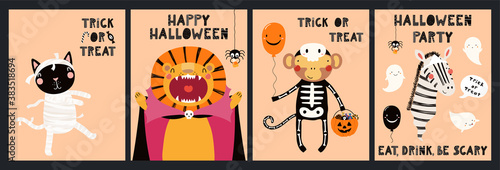Kids Halloween cute animals in party costumes trick or treating  ghosts  pumpkin  candy  fun cards collection. Hand drawn vector illustration. Scandinavian style flat design. Concept for card  invite.