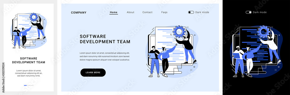 Software development team website UI kit. Remote teamwork, digital team on demand, professional, certified software developer, hire outsource company landing and mobile app vector UI template. Software development team website UI kit. Remote teamwork, digital team on demand, professional, certified software developer, hire outsource company landing and mobile app vector UI template.