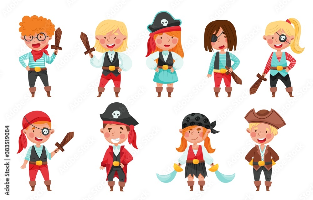 Cheerful Boys and Girls in Pirate Costumes with Sword or Saber Vector Set Cheerful Boys and Girls in Pirate Costumes with Sword or Saber Vector Set
