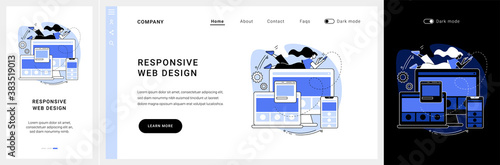Responsive web design website UI kit. Website frontend development, all screens UI and UX, web page mobile version, flexible grid and layout, CSS media query landing and mobile app vector UI template.