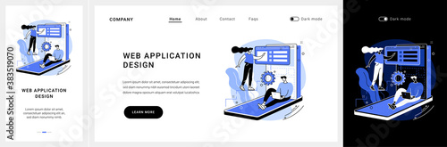 Web application design website UI kit. Desktop software development, programmer team, web design service, project management, user interface, page menu bar landing and mobile app vector UI template.