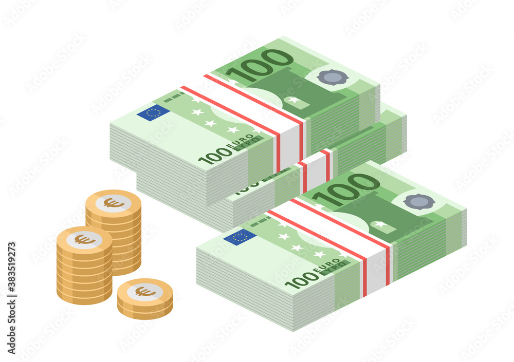Isometric stacks of 100 euro banknotes. Pile paper money and coins. One hundred bills. European currency notes. Vector illustration. - obrazy, fototapety, plakaty 