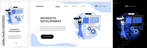 Microsite development website UI kit. Microsite web development, small internet site, graphic design service, landing page, software programming team landing and mobile app vector UI template.