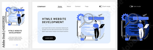 HTML5 website development website UI kit. HTML5 development, website design element, menu bar, responsive landing page, user experience landing and mobile app vector UI template.