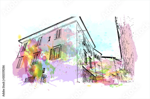 Building view with landmark of Bergamo is a city in the alpine Lombardy region of northern Italy. Watercolor splash with hand drawn sketch illustration in vector.