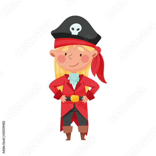 Smiling Girl in Pirate Costume Wearing Hat with Skull Vector Illustration