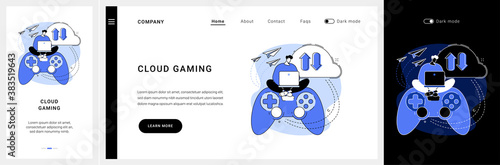 Cloud gaming website UI kit. Gaming on demand, video and file streaming, cloud technology, various devices game, online platform, AI gaming solution landing and mobile app vector UI template.