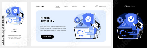 Cloud security website UI kit. Cyber security engineering, encrypted storage service, cloud computing, data protection management, information access landing and mobile app vector UI template.