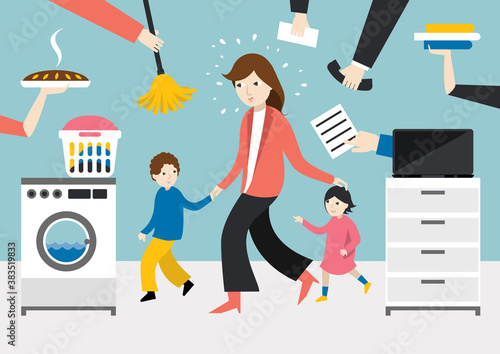 Multitask woman. Mother, businesswoman with children, working, coocking and calling.