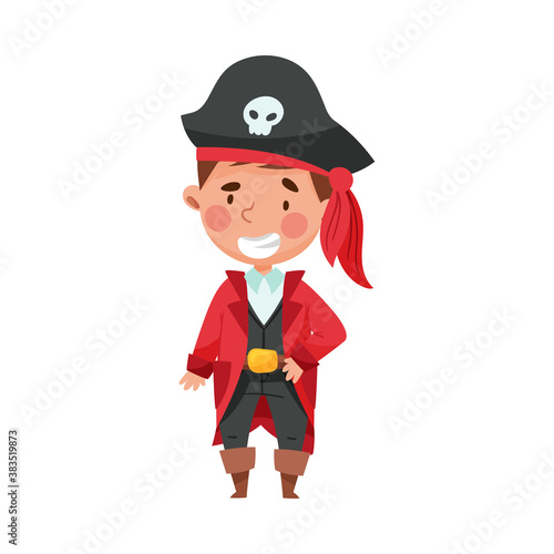 Smiling Boy in Pirate Costume Wearing Hat with Skull Vector Illustration