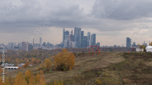 Krylatsky Hills park. View of Moscow city and one of the hill