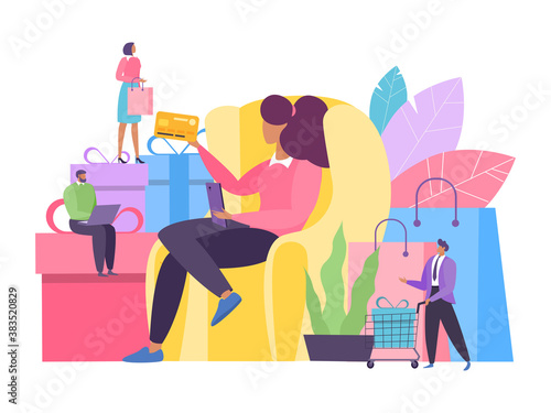 Online commerce at mobile, vector illustration. Smartphone store technology, women buy business internet concept. Phone shop, flat sale design at web app marketing and people purchase.