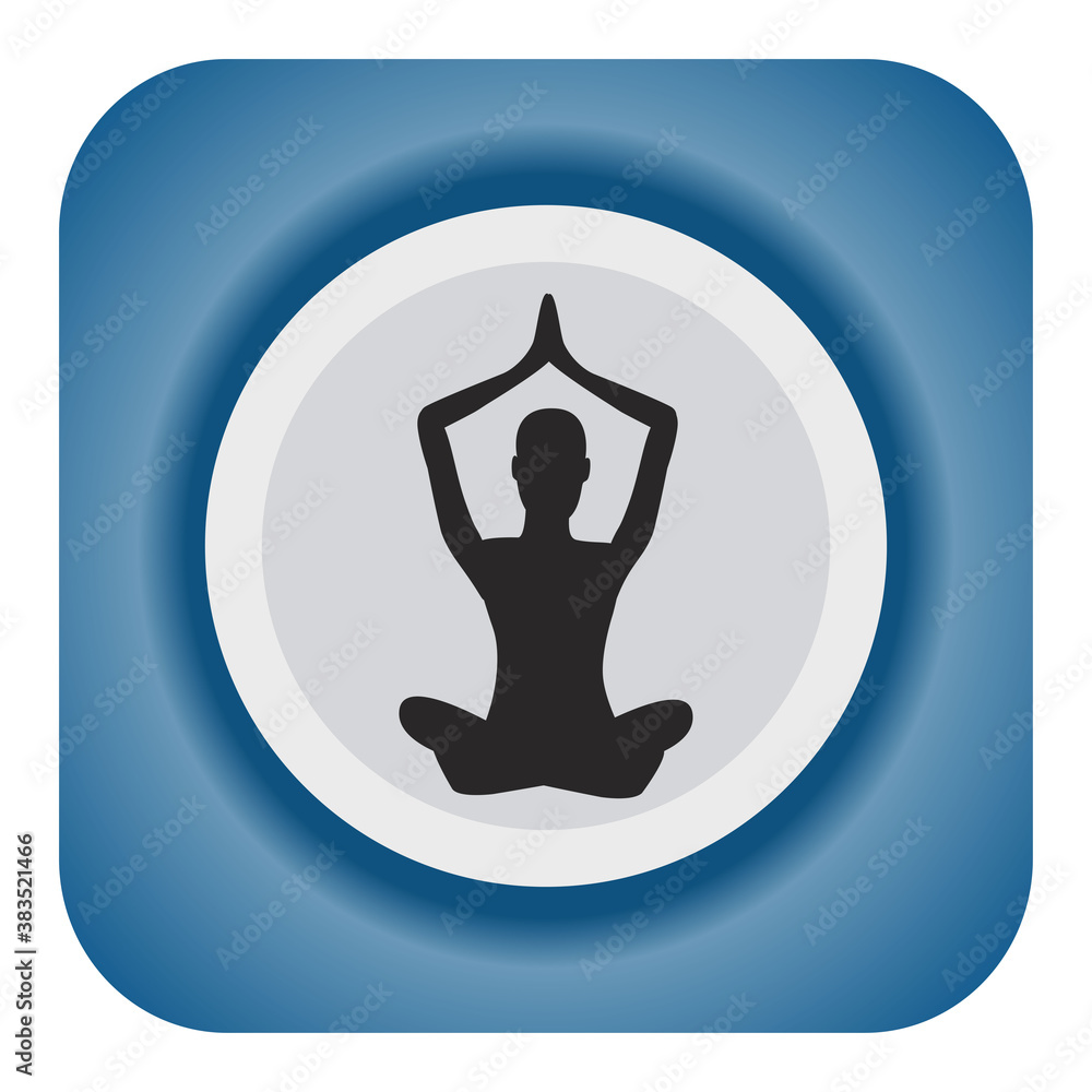 Vector illustration of a sports sign. Silhouette of a man in a lotus position in a blue frame. Healthy lifestyle concept. Can be used for web design and applications