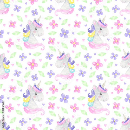 Watercolor seamless pattern unicorn head, cute, big dreams, magic, fairy tale. Print Unicorn, unicorn background, flowers, greenery, summer. Pastel colors. For digital paper, fabrics