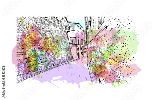 Building view with landmark of Bergamo is a city in the alpine Lombardy region of northern Italy. Watercolor splash with hand drawn sketch illustration in vector.