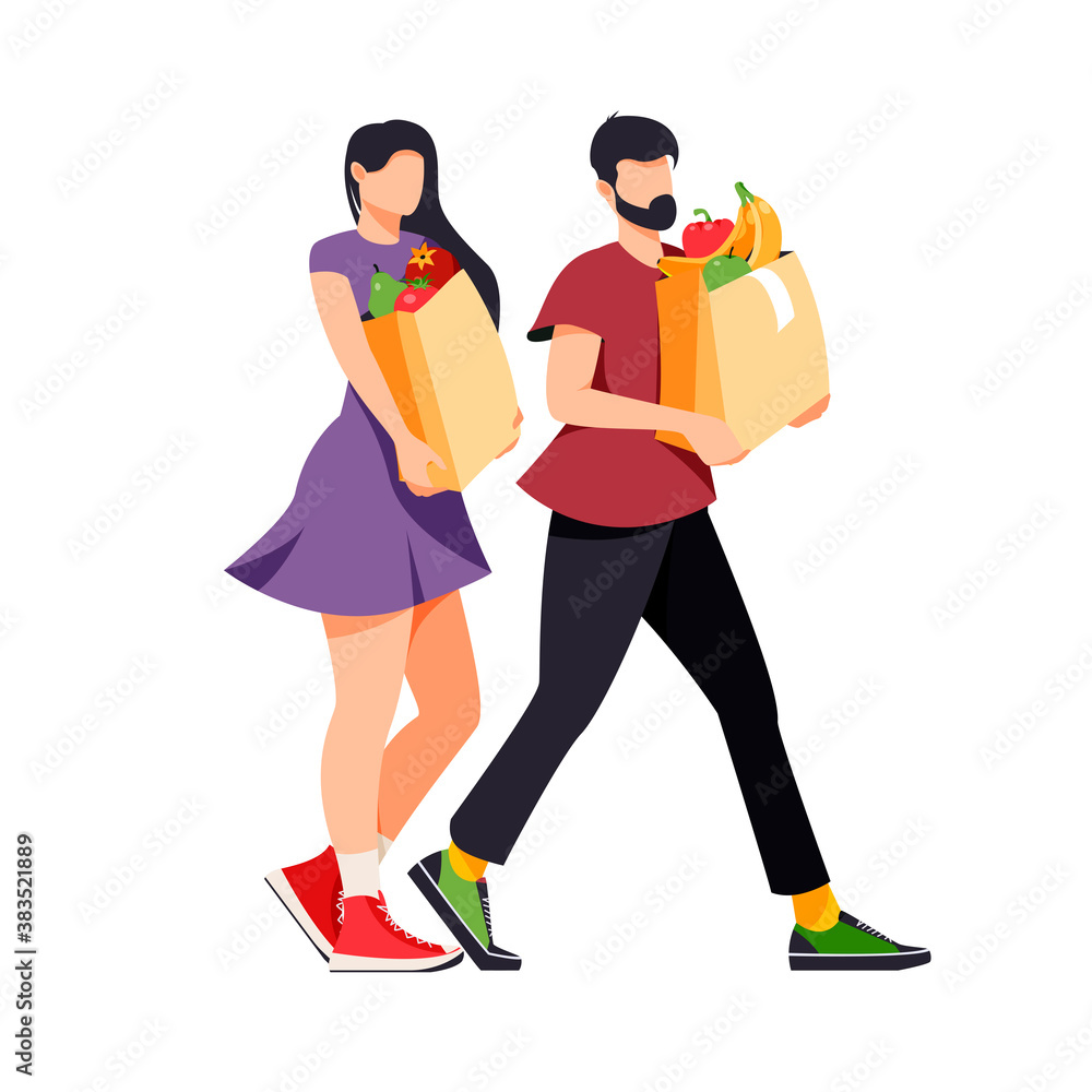 Isolated on white man and woman with  grocery paper bags vector illustration. Buying healthy food design element. Supermarket customer in flat cartoon style.
