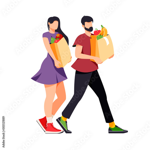Isolated on white man and woman with grocery paper bags vector illustration. Buying healthy food design element. Supermarket customer in flat cartoon style. 