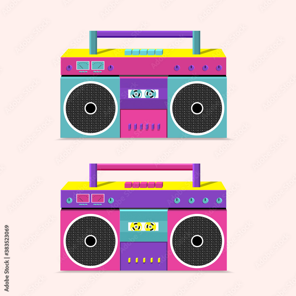 Old cassette recorder for pushing music with two speakers. Vector illustration. Old cassette recorder for pushing music with two speakers. Vector illustration.