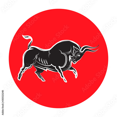 Black and white bull charging. Dynamic wild ox. Male cattle silhouette. Stylish outline animal isolated on red circle background. For bullfighting, logo, trademark farm. Vector flat illustration.