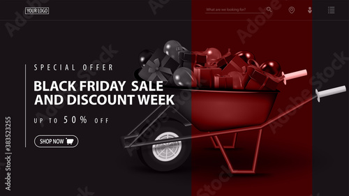 Special offer, Black Friday Sale and discount week, up to 50% off, dark discount banner with wheelbarrow with presents for Black Friday on background