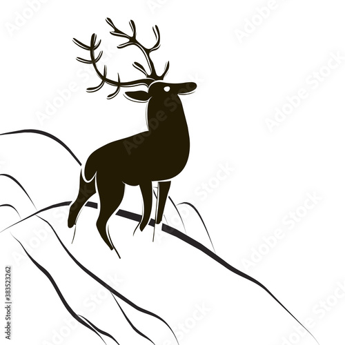 Hand drawn graphic deer with large antlers. Side view. Red deer buck. Wildlife black-white poster. Design for logo, label, badge, t-shirt, hunting club or tourist camp. Scandinavian minimalistic style