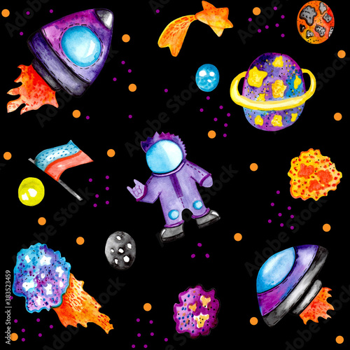 Fototapeta Naklejka Na Ścianę i Meble -  seamless watercolor pattern about space, spaceships, planets, asteroids. For children's textiles, wallpapers, wrapping paper, toys.