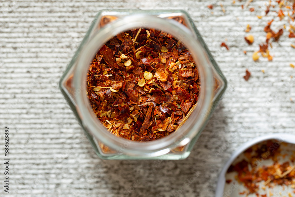 Dried hot chili peppers oriental spices close-up, top view Dried hot chili peppers oriental spices close-up, top view