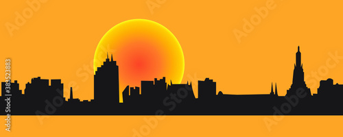Panorama Silhouette sunset of World famous Wat Arun temple in Bangkok capital city of Thailand hardly to seen ceremony vector illustration EPS 10.