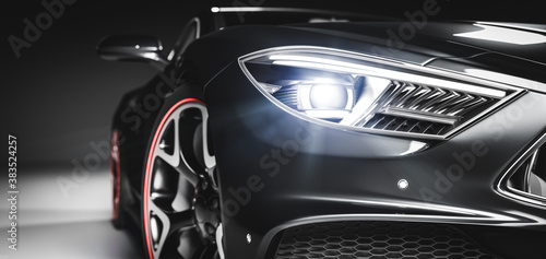 Detail shot of new modern car in studio light. Brandless generic contemporary design