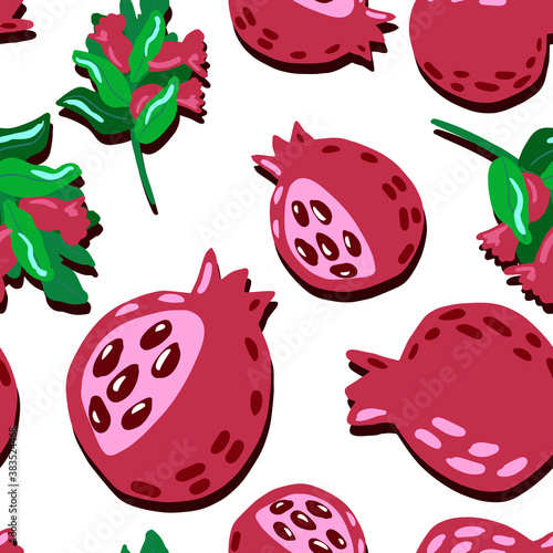 Stylized summer seamless pattern with big garnet shapes and green branches with berries. Isolated artwork. Red and pink colored fruit ornament.