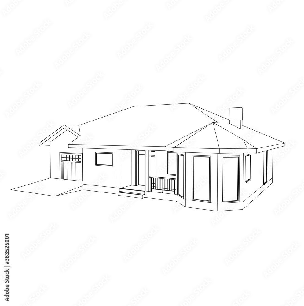 Building perspective 3D. Drawing of the suburban house. Outlines cottage on white background. House 3D model perspective vector. Cottage blueprint. EPS 10.