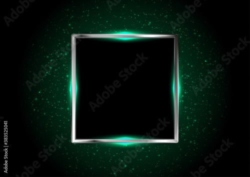 Metallic square framework with green neon lights. Glowing bokeh vector background