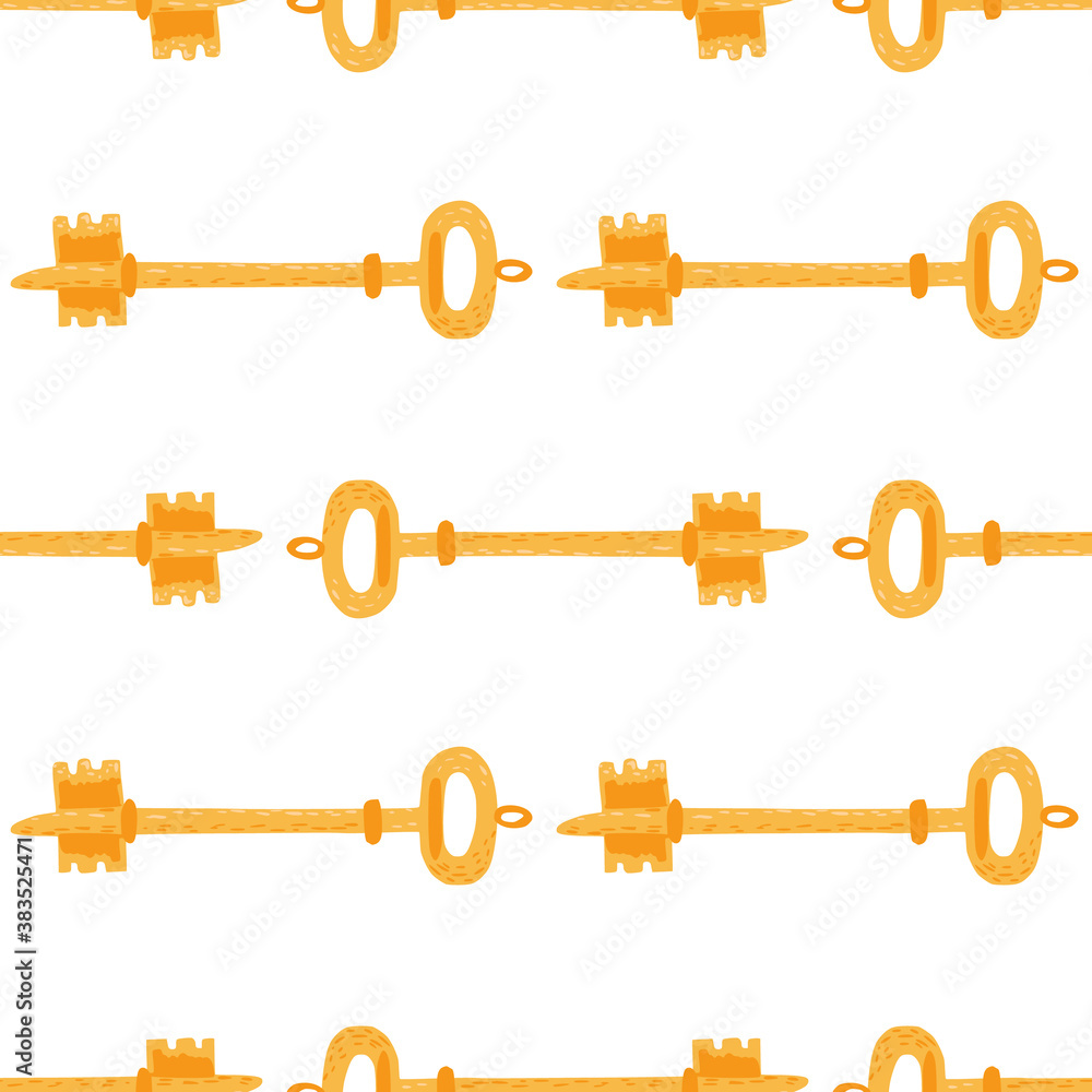 Isolated doodle seamless privacy pattern with gold keys ornament. Victorian style silhouettes on white background. Isolated doodle seamless privacy pattern with gold keys ornament. Victorian style silhouettes on white background.