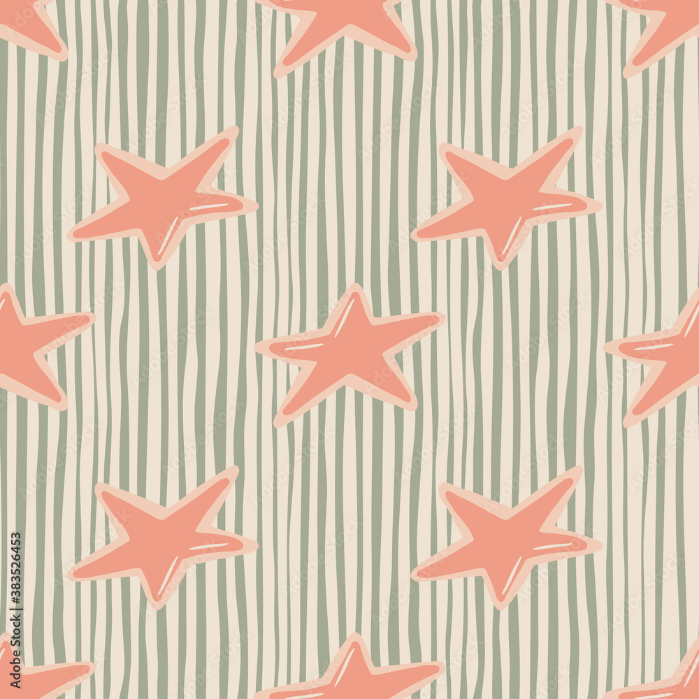 Pastel pink new year star cookies silhouettes seamless pattern. Doodle delicious bakery ornament on grey stripped background. Pastel pink new year star cookies silhouettes seamless pattern. Doodle delicious bakery ornament on grey stripped background.