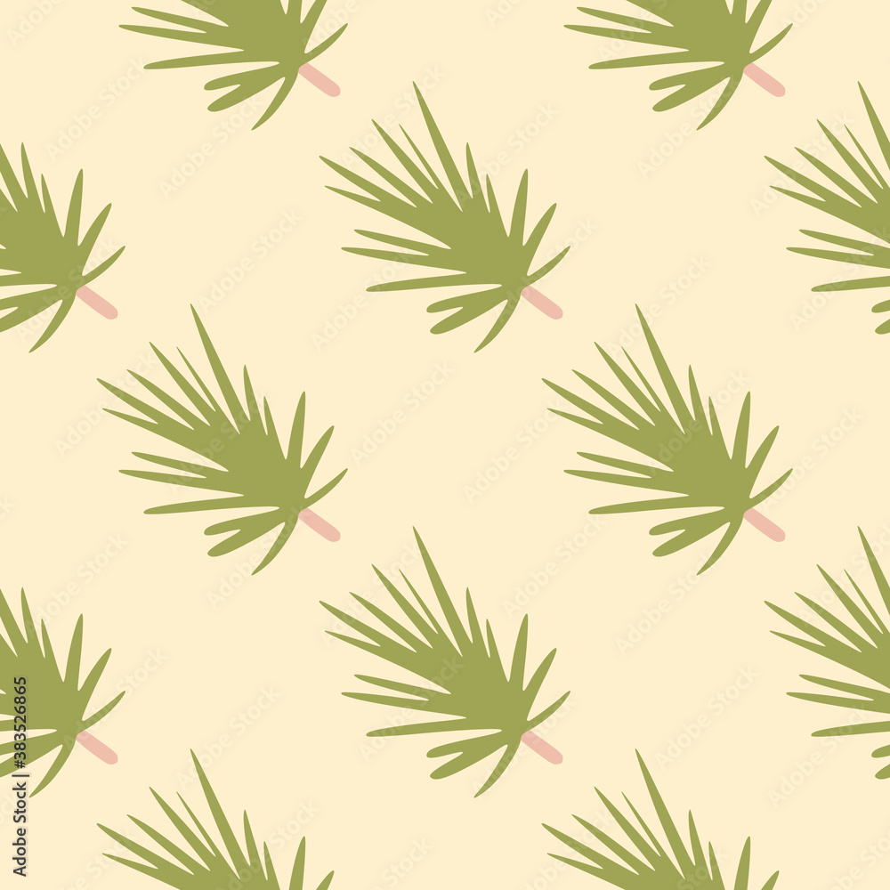 Seamless pattern with light green coniferous branch silhouettes. Light pink background. Forest pine ornament. Seamless pattern with light green coniferous branch silhouettes. Light pink background. Forest pine ornament.
