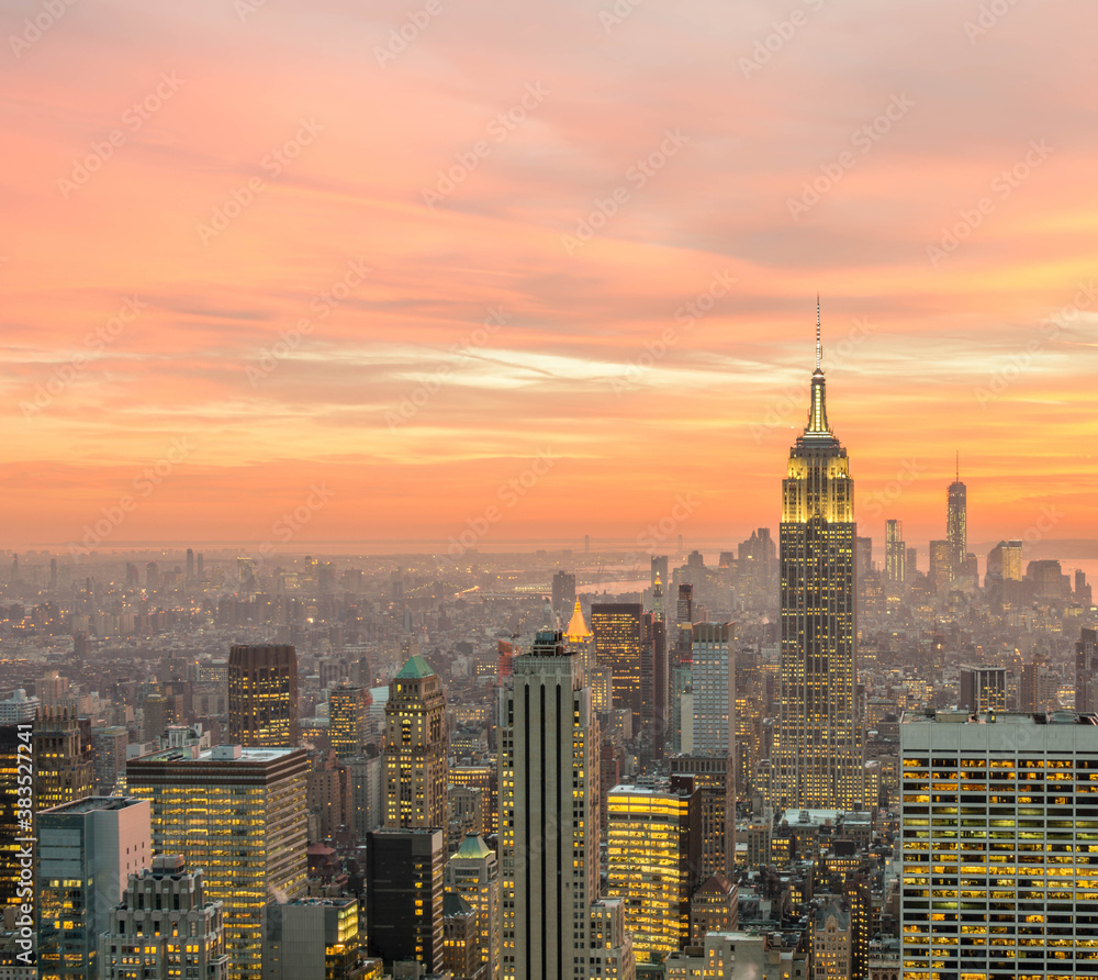 View of New York Manhattan during sunset hours