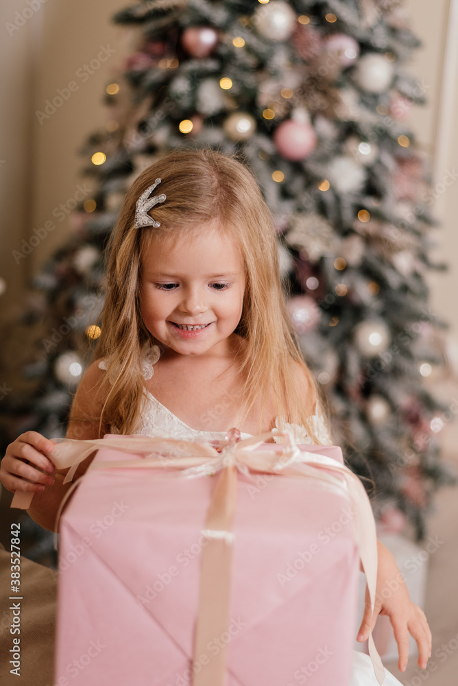 in a pink dress with a New Year's gift in a pink dress with a New Year's gift
