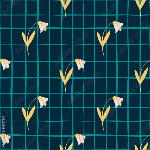 Light campanulas silhouettes seamless pattern. Tender botanic ornament on dark navy blue background with check.