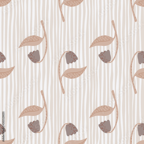 Pale campanula ornament seamless pattern. Hand drawn flower elements with beige colors on stripped background.
