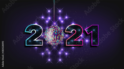 2021 New Year banner, festive vector illustration. Magic neon lights on black background, stardust, sparkling poster in luxury style. Happy new year greetings, holiday celebration.