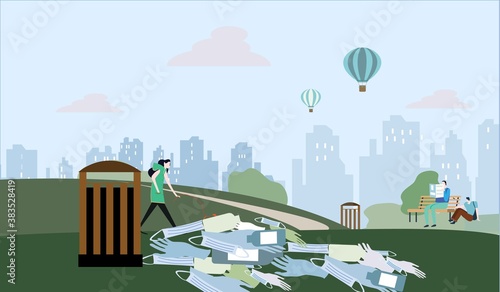 Dirty used medical masks and gloves lying on the ground. Coronavirus quarantine as a pollution problem, flat vector illustration isolated on white.