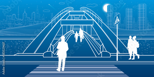 Pedestrian bridge over the river. Night city at background. Infrastructure illustration. Vector design art