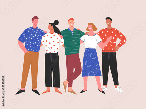 International friendship. Vector flat contemporary illustration of miscellaneous happy young people in casual clothes standing together. Isolated on background 