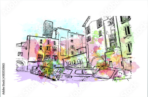 Building view with landmark of Bergamo is a city in the alpine Lombardy region of northern Italy. Watercolor splash with hand drawn sketch illustration in vector.