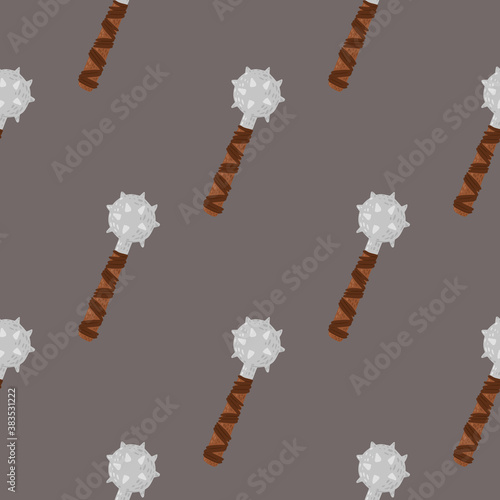 Minimalistic seamless pattern with warrior flail mace ornament. Grey background. Middle ages war weapon backdrop.
