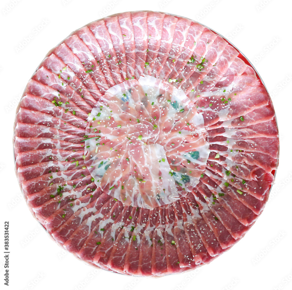fresh raw pork belly beef sliced on square plate isolated on white background, shabu, hot pot ingredients fresh raw pork belly beef sliced on square plate isolated on white background, shabu, hot pot ingredients