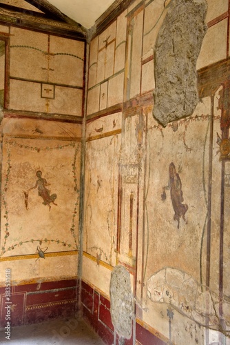 Painted wall in Pompeii city destroyed in 79BC by the eruption of Mount Vesuvius  Pompeii Italy photo